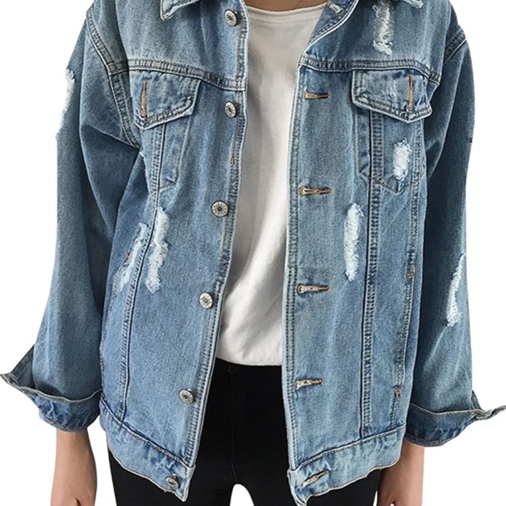 JudyBridal Oversize Ripped Demin Jean Jacket Boyfriend Long Sleeve Coat